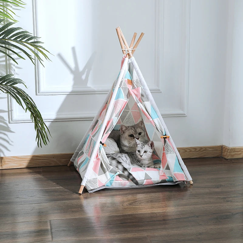 Portable Teepee With Thick Cushion Pet Tent House Cat Bed