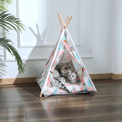 Portable Teepee With Thick Cushion Pet Tent House Cat Bed