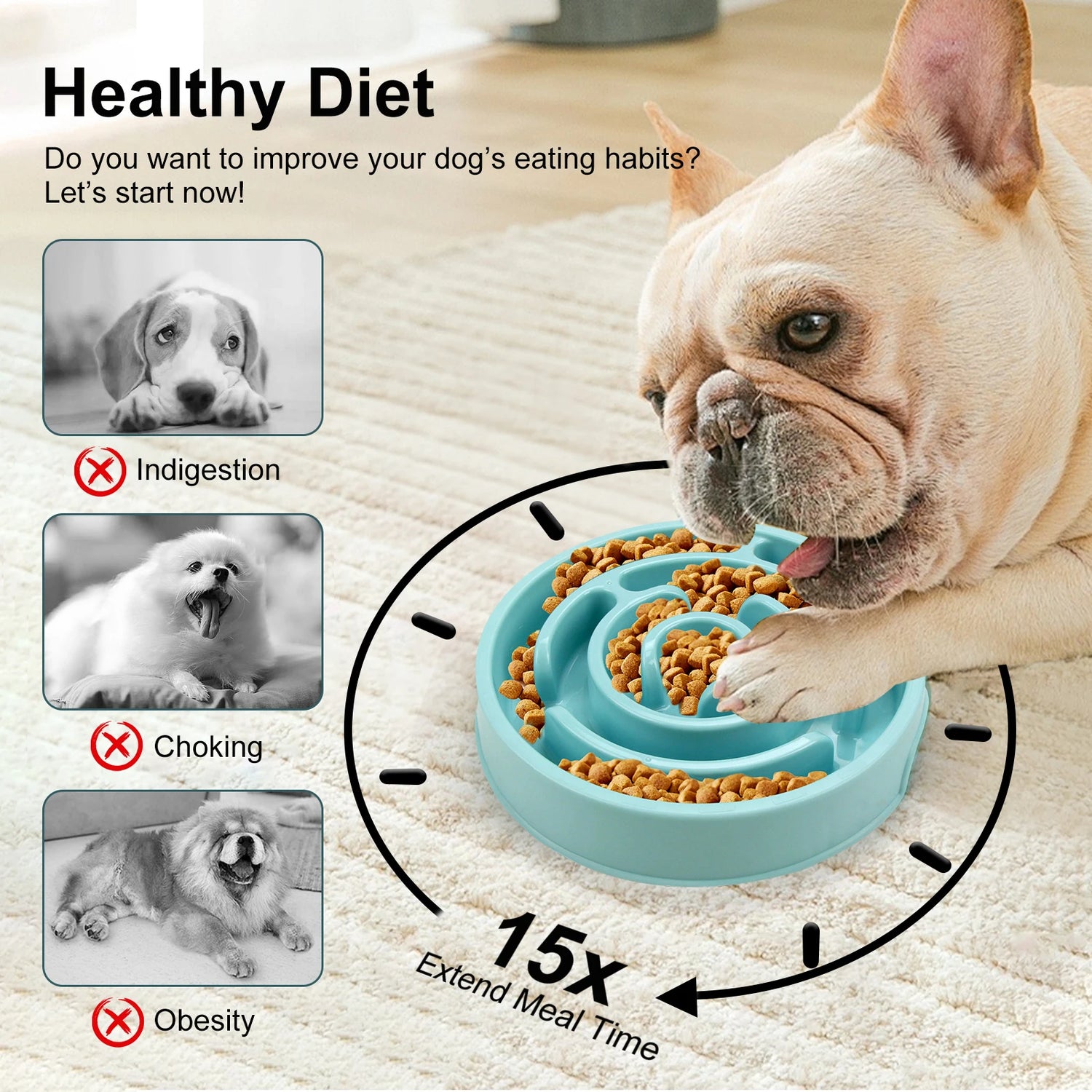 Fun Non-Slip Slow Feeder Bowl - Anti-Gulping Food Dish for Large, Medium, and Small Dogs