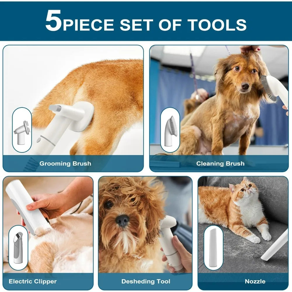 Pet Grooming Kit with Vacuum Cleaner - Includes 4 Clipper Combs and 5 Grooming Tools for Long-Haired Pets