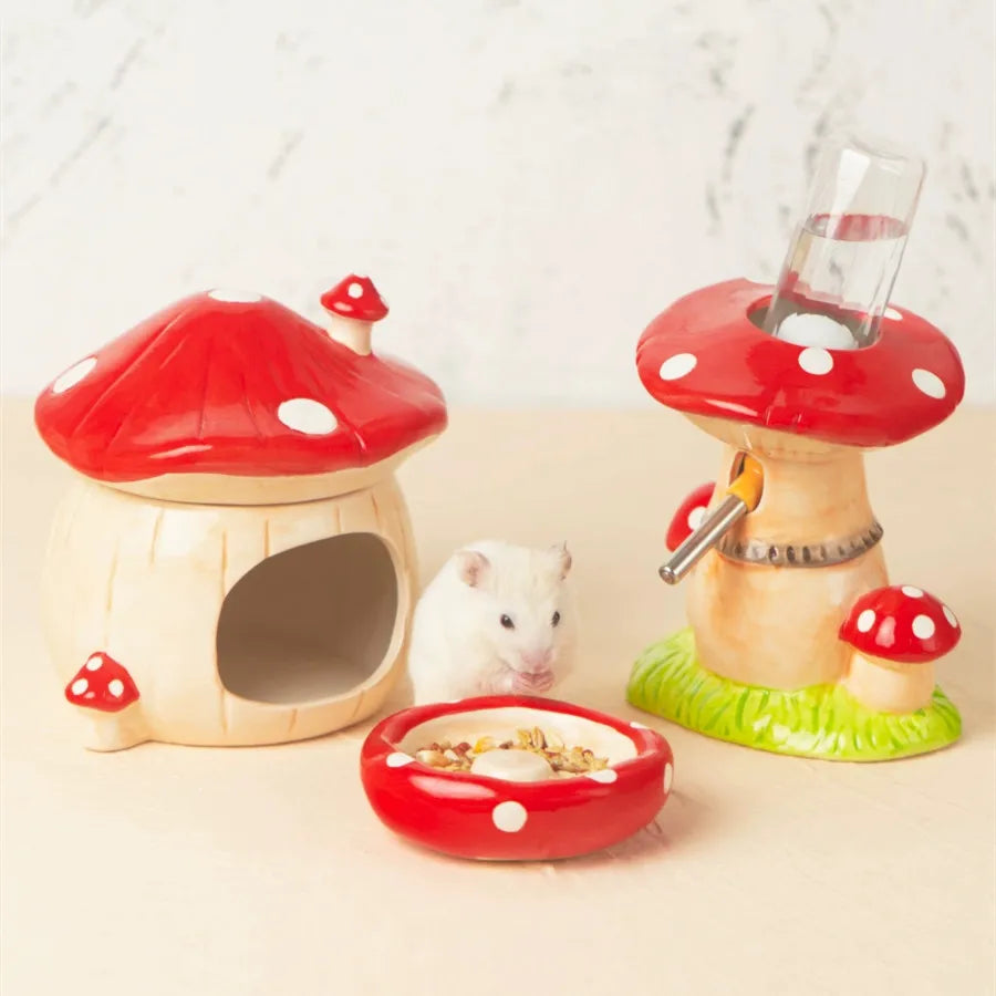 Cute Mushroom House Hamster Cage Pet Fountain Bowl