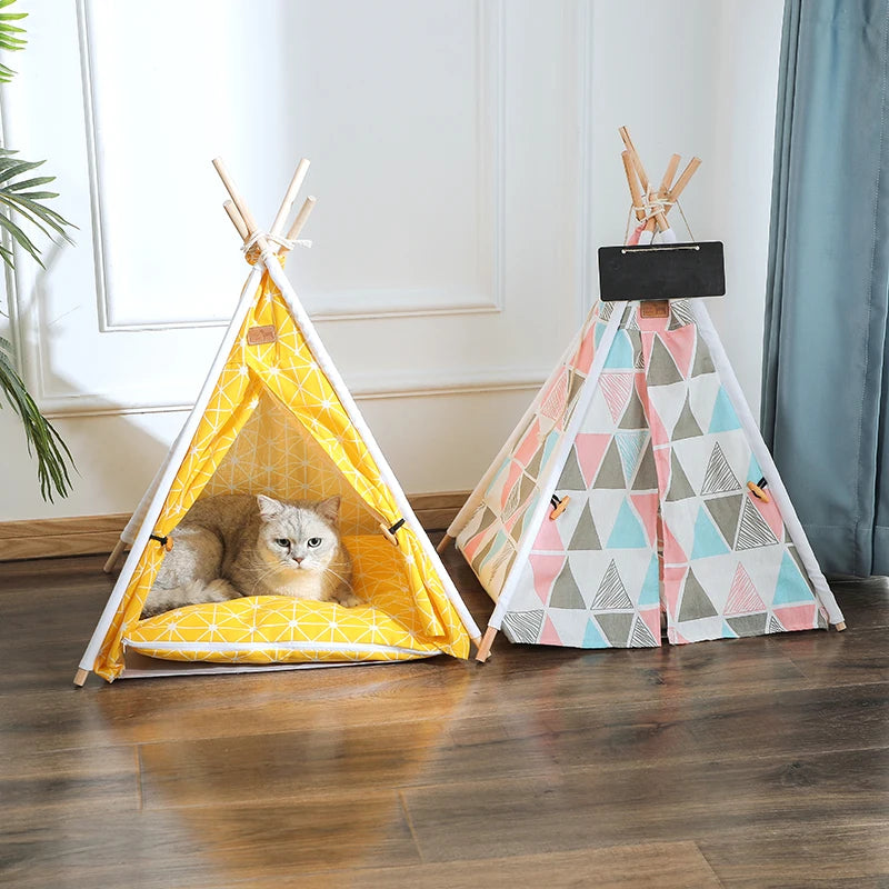 Portable Teepee With Thick Cushion Pet Tent House Cat Bed