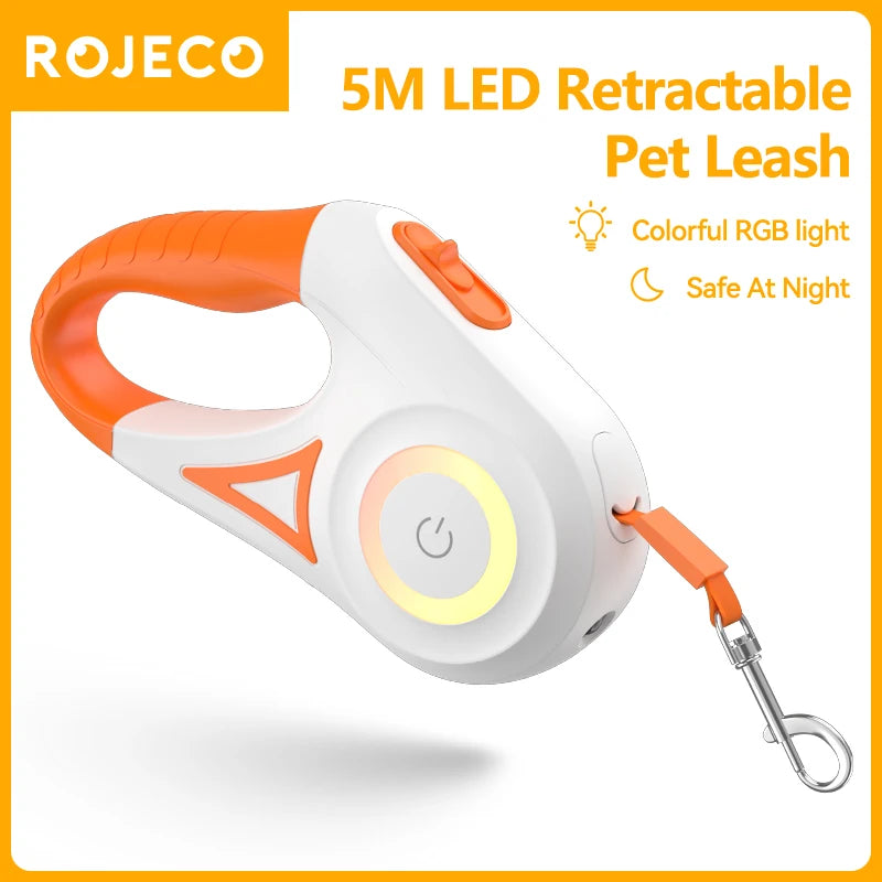 5M Retractable Dog Leash with LED Light - Automatic, Luminous, Fashionable Lead for Walking and Running Pets