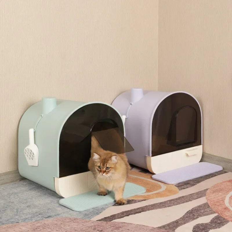 Large Enclosed Cat Litter Box with Drawer, Scoop, and Foot Pad